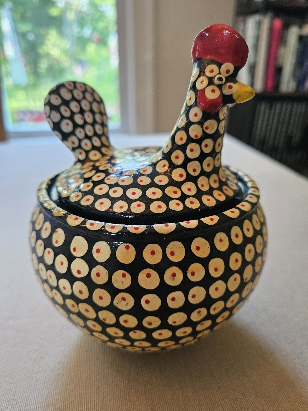GUC Vintage Hand Painted Terracotta Chicken Folk Art Lidded Bowl